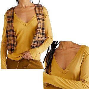 Free People We The Free Moon Dance Top Womens Large Gold Long Sleeve V-Neck